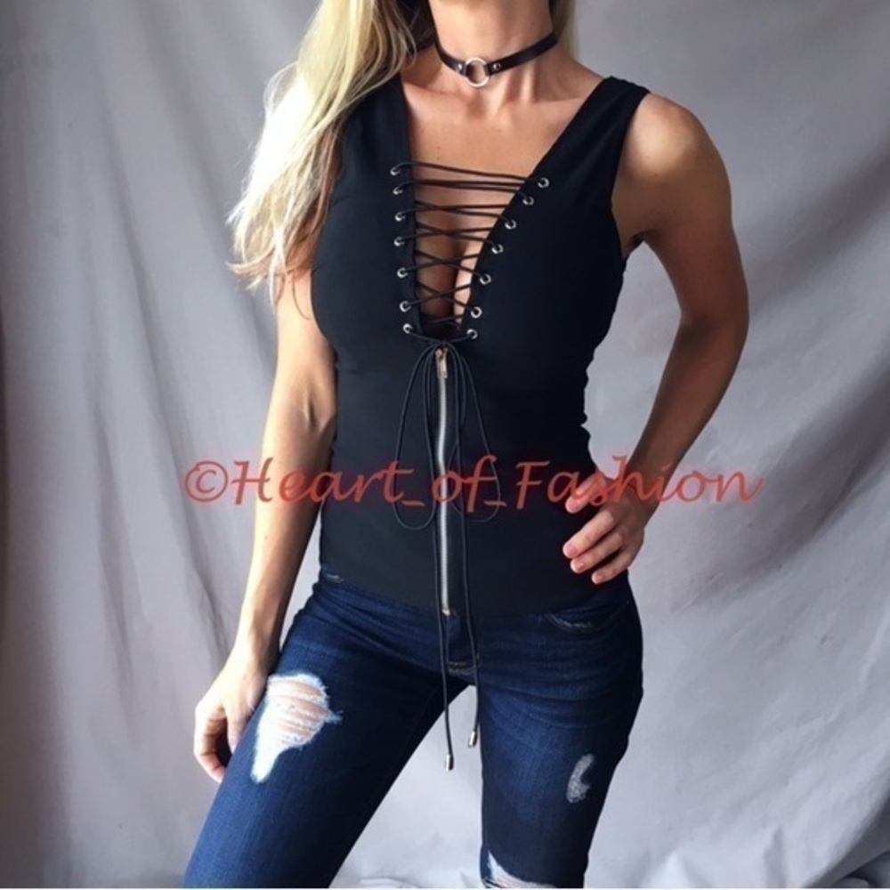 SEXY Corset Lace Up Cleavage Zip Front Caged Strappy Back Fitted Vest Club Top